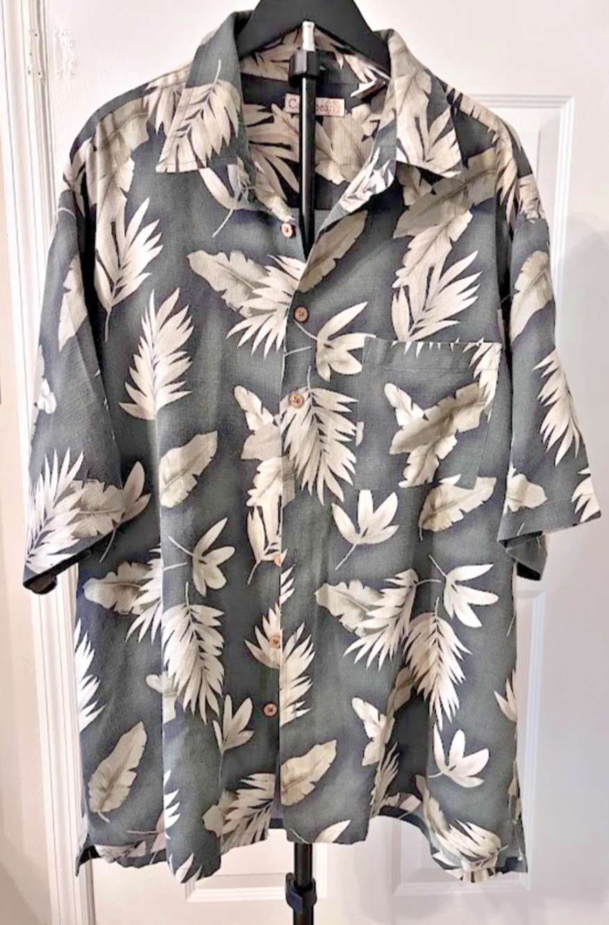 Caribbean Mens 2XL Button Down Shirt Tropical Palm Print Dark Green Silk Blend